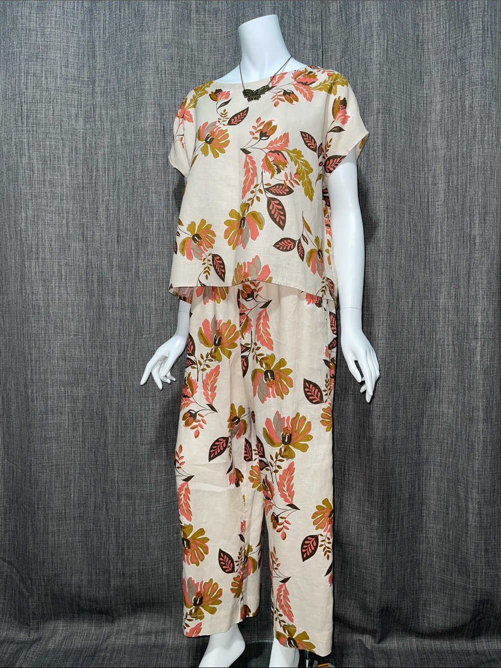 Rachel Zoe Linen Floral Print Wide-Leg Pant & Button Down-Back Top Set M NWT